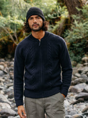 Men Wool Knit Cardigan in Navy - Polperro