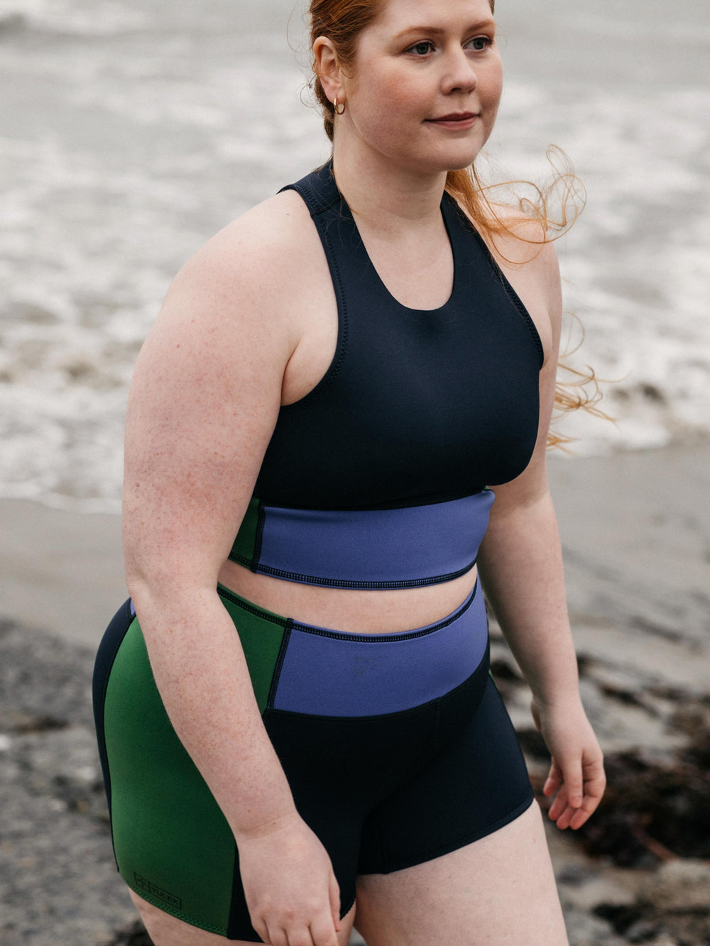 Women Natural Rubber Yulex Bikini Top in Navy/Lake/Green - Kaia