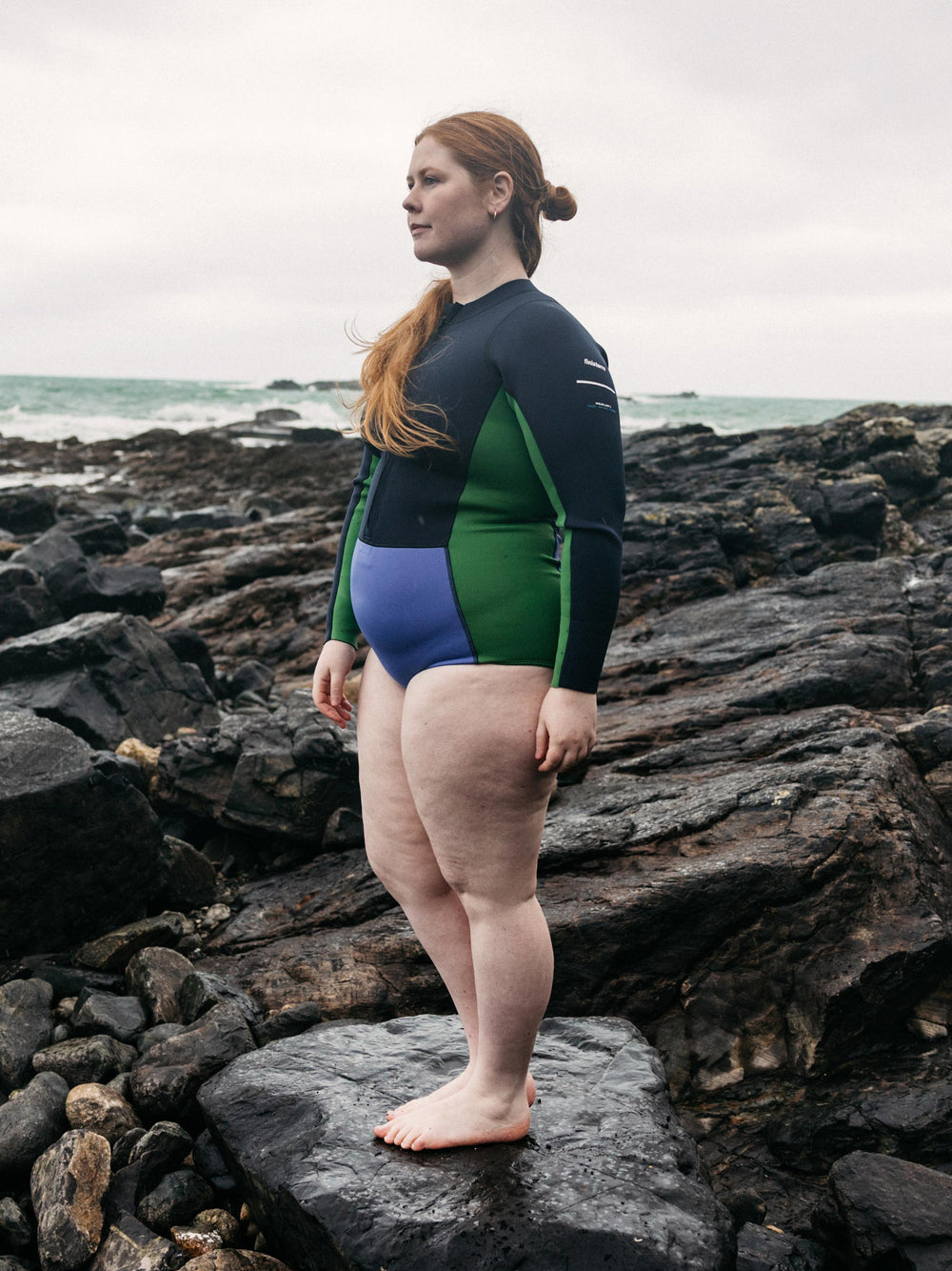 Women Natural Rubber Yulex Long Sleeve Swimsuit in Navy/Lake/Green - Kaia