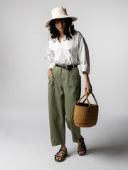 Women Organic Cotton Barrel Trouser in Bayleaf Green - Croft