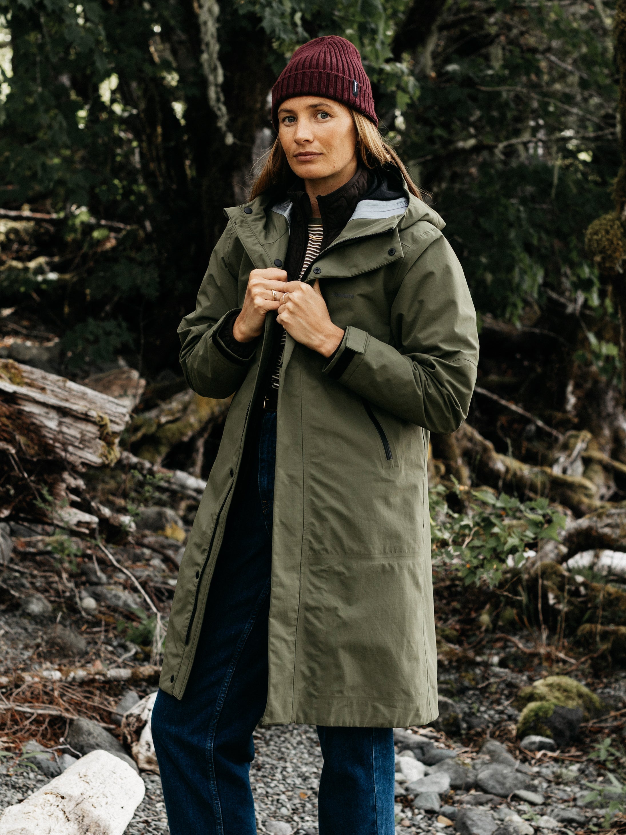 Women Recycled Longline Waterproof Jacket in Olive - Stormbird
