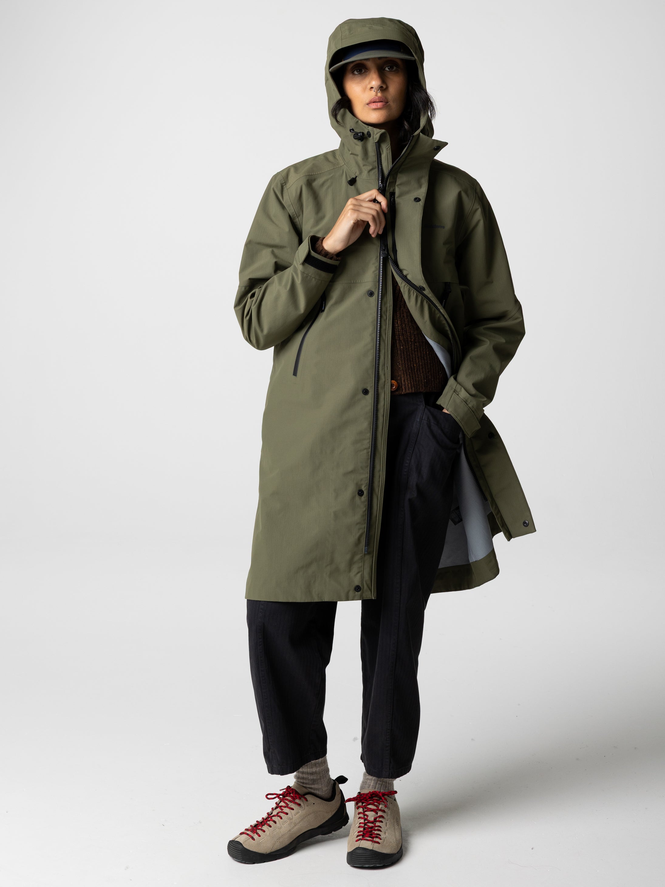 Women Recycled Longline Waterproof Jacket in Olive - Stormbird