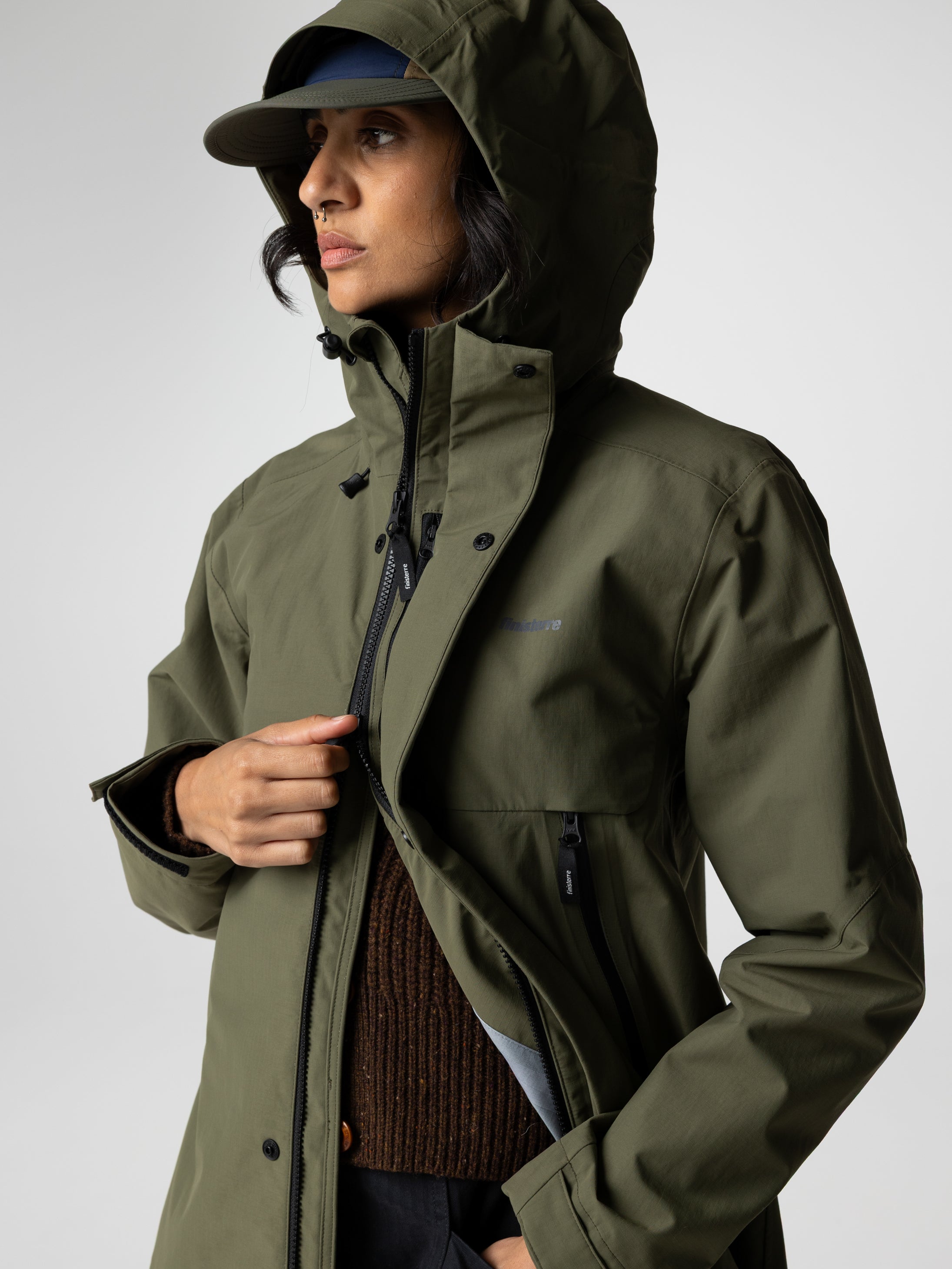 Women Recycled Longline Waterproof Jacket in Olive - Stormbird