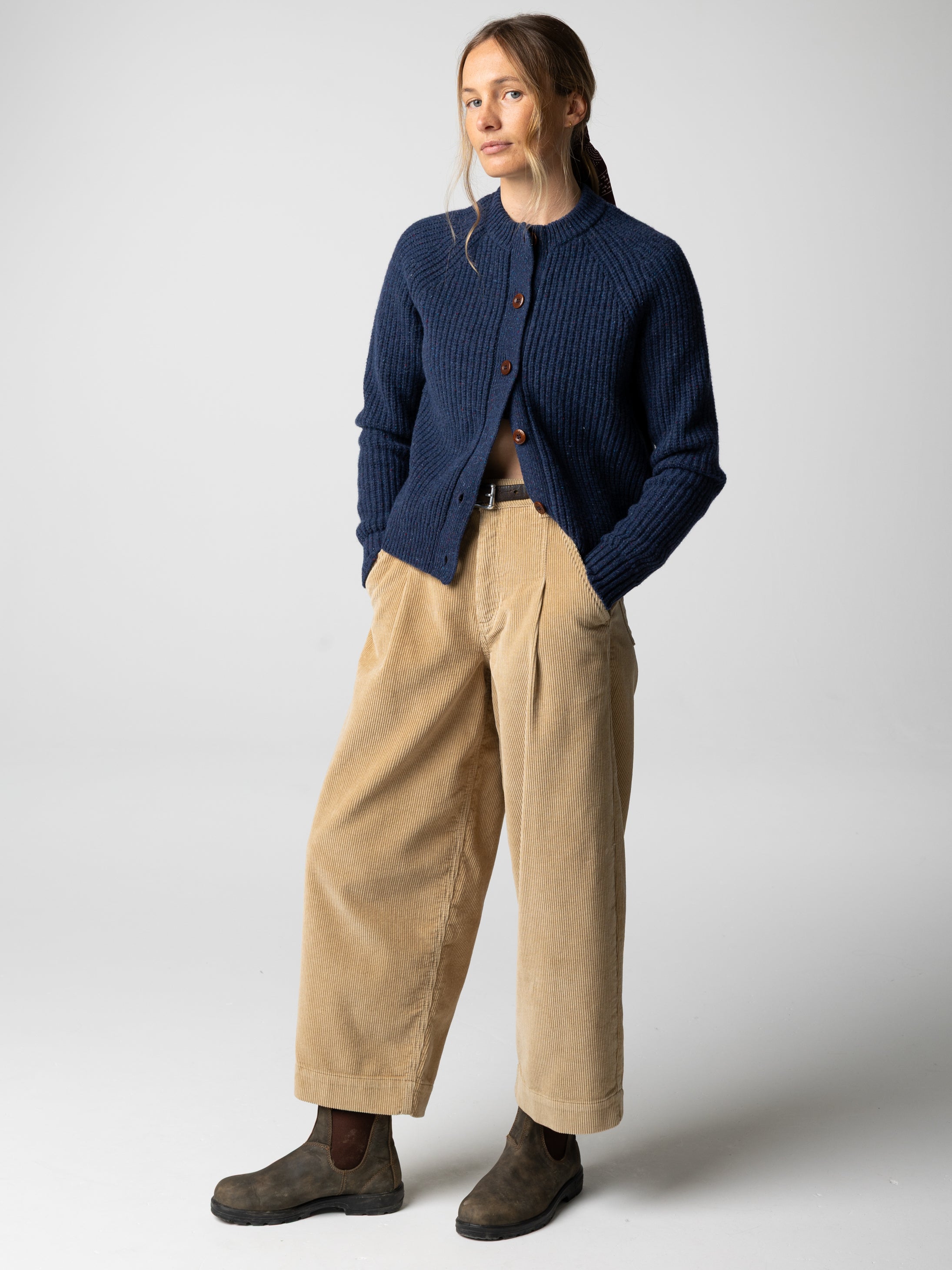 Women Wool Crew Neck Cardigan in Navy - Mora