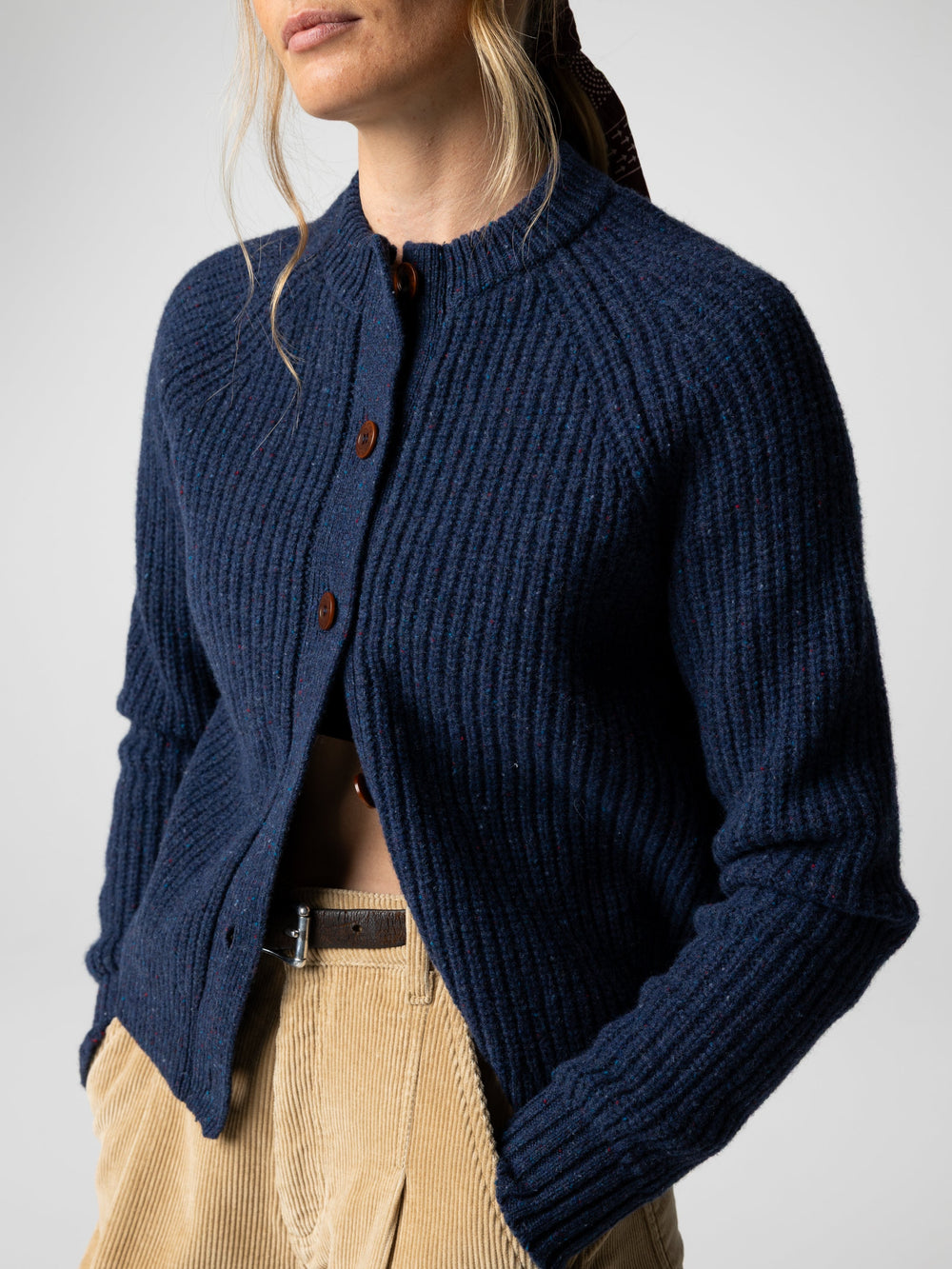 Women Wool Crew Neck Cardigan in Navy - Mora