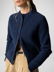 Women Wool Crew Neck Cardigan in Navy - Mora
