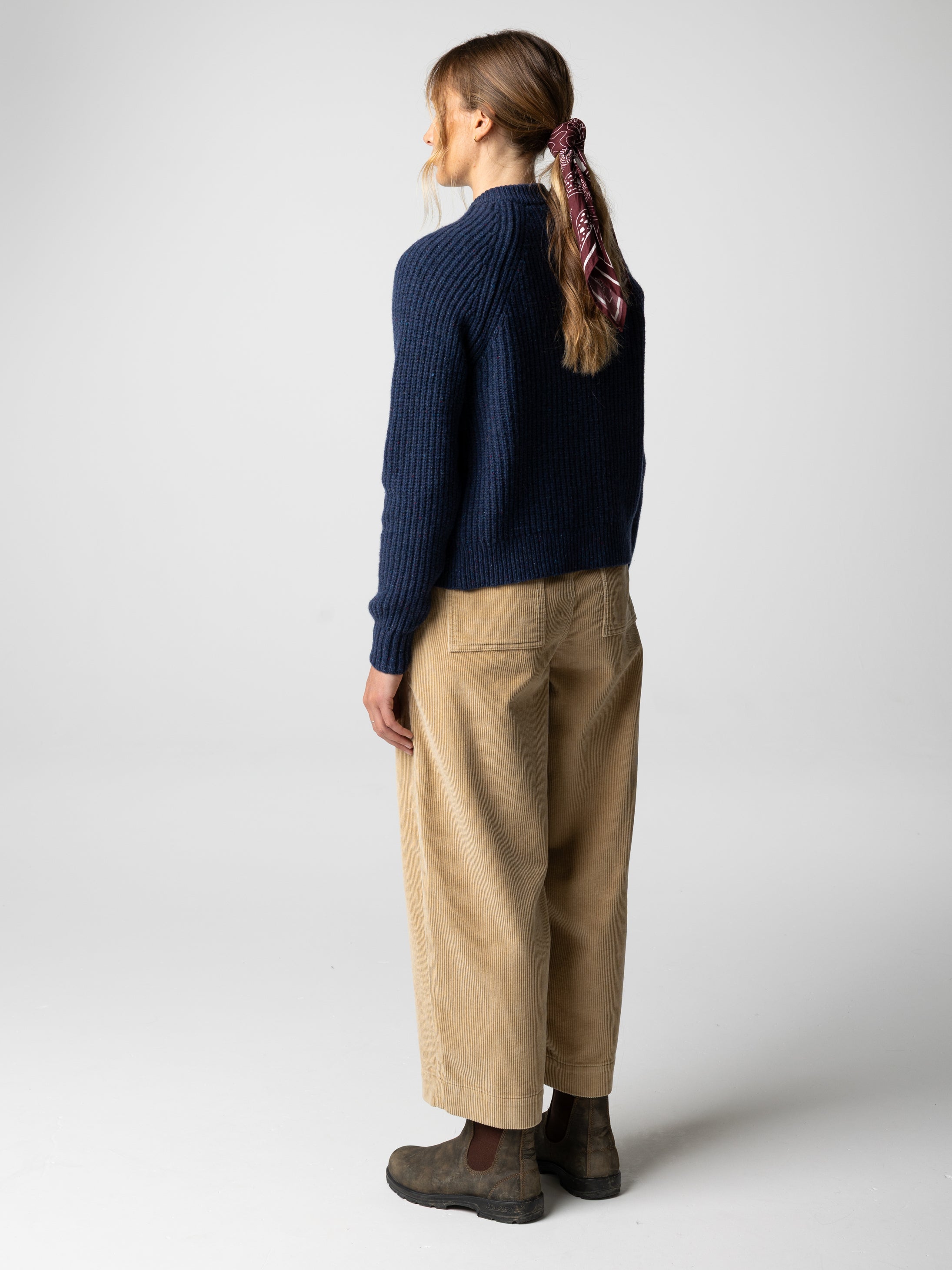 Women Wool Crew Neck Cardigan in Navy - Mora