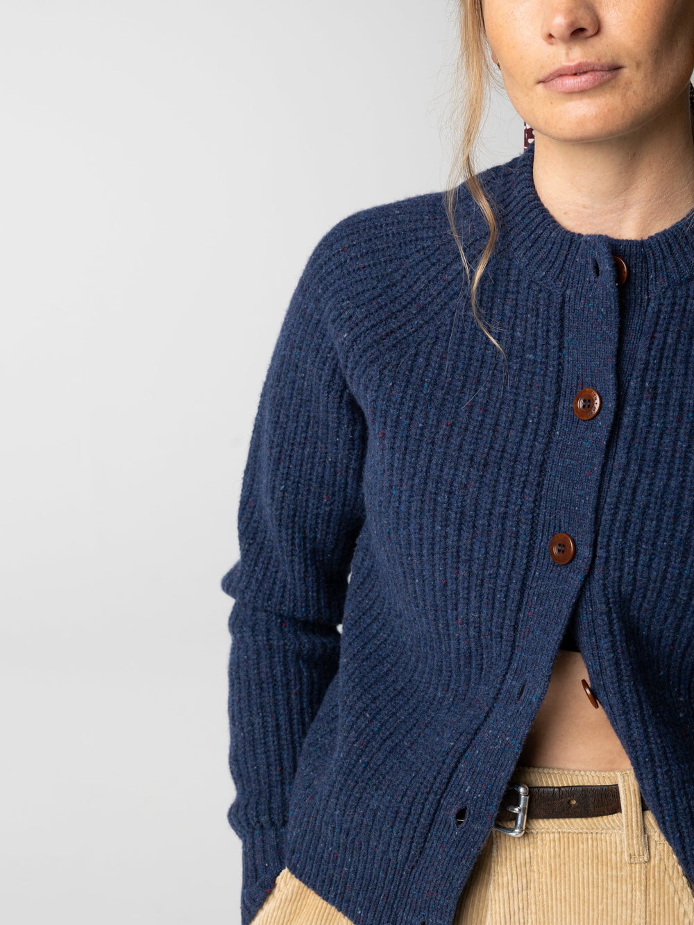 Women Wool Crew Neck Cardigan in Navy - Mora