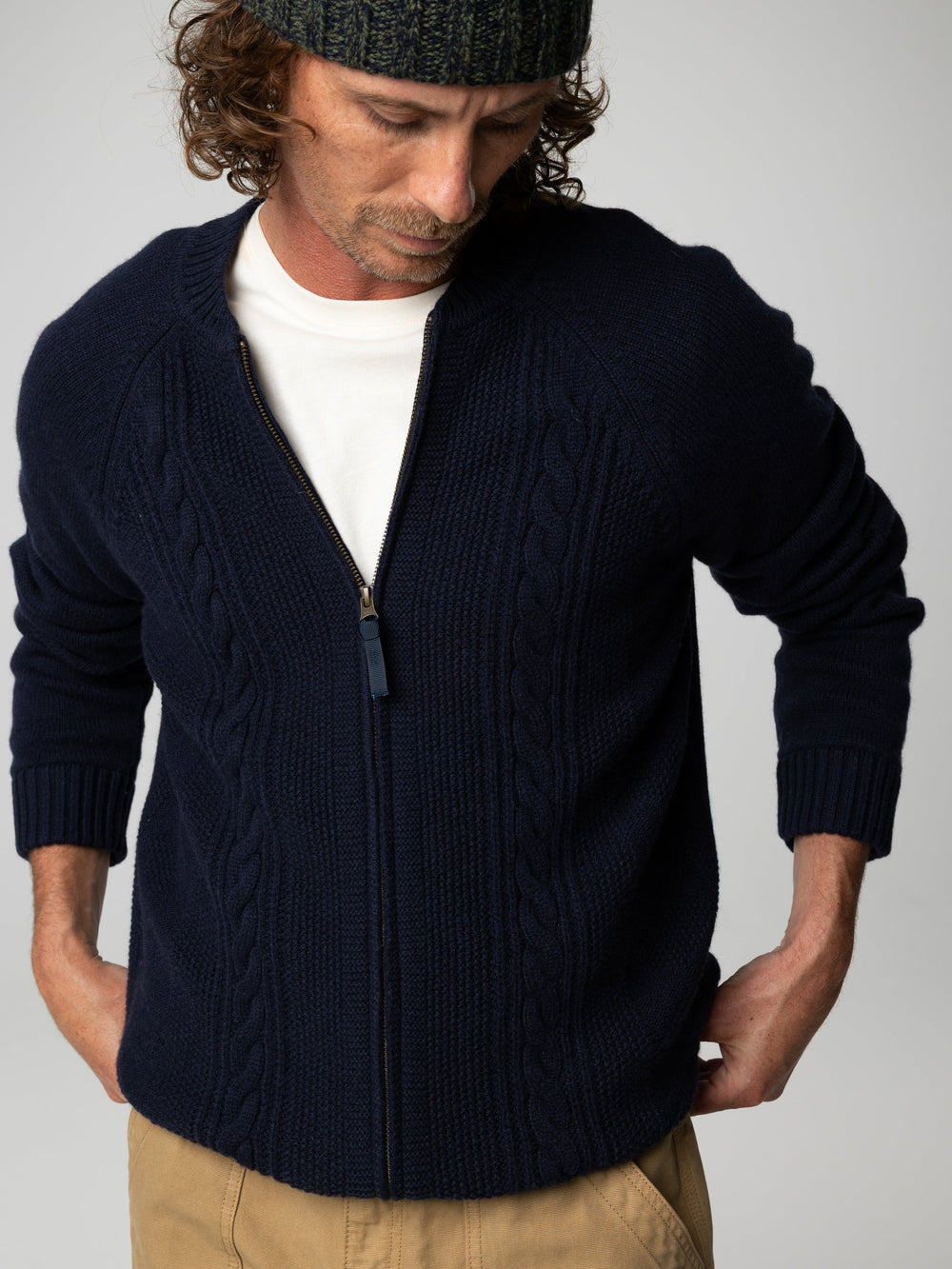 Men Wool Knit Cardigan in Navy - Polperro