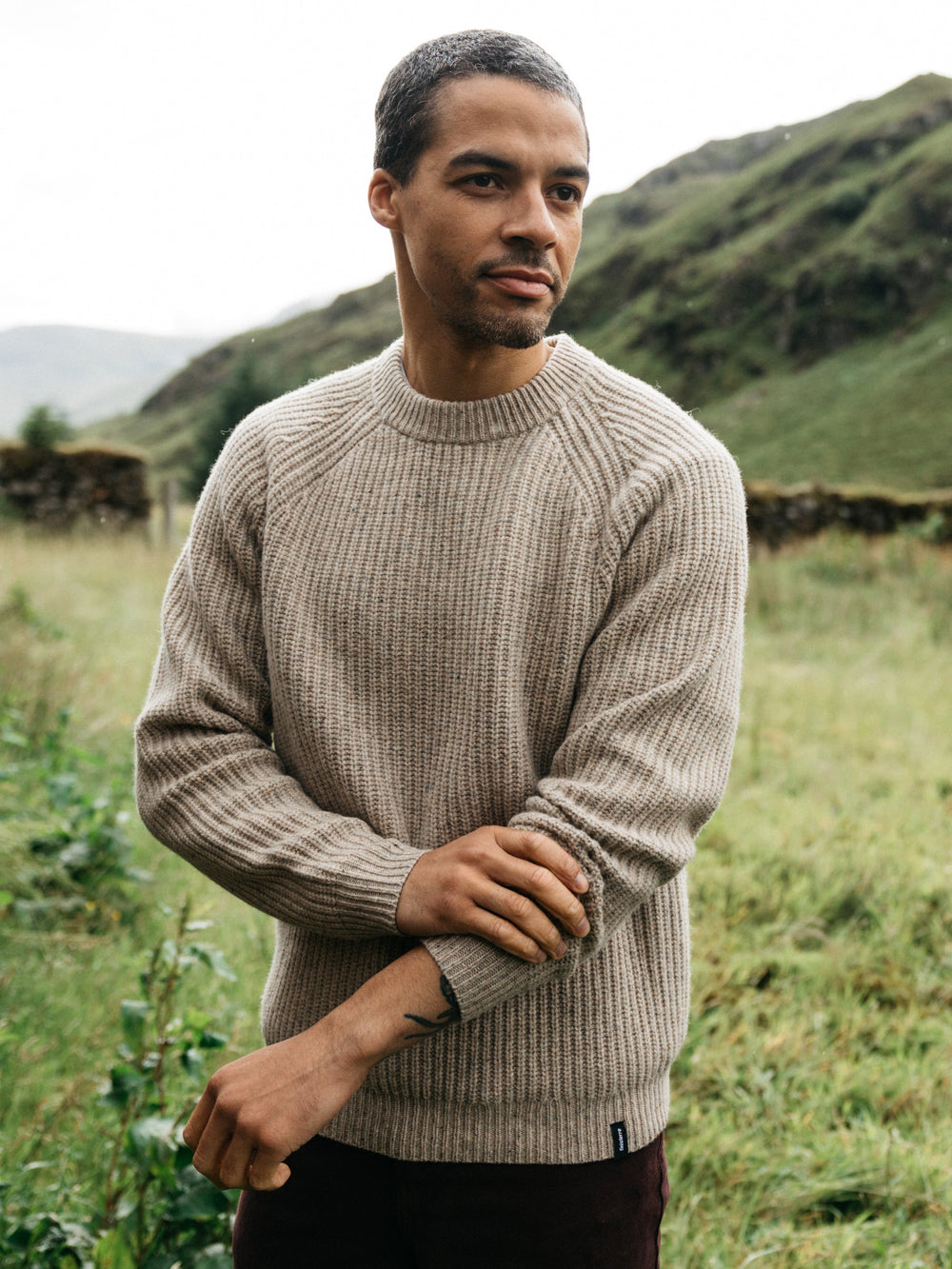 Men Wool Knit Jumper in Oatmeal - Mora